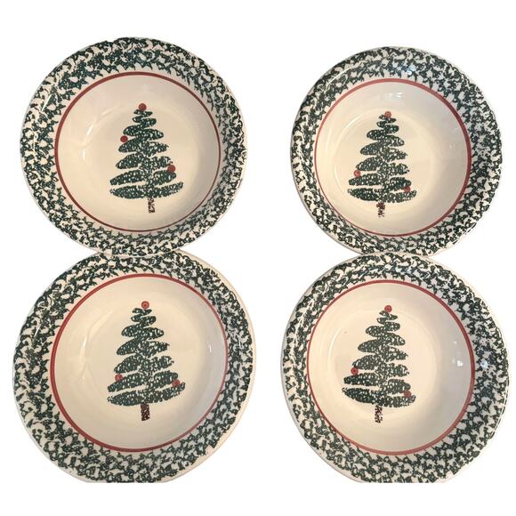 Vintage Furio Sponge Christmas Tree Red Band Set Of 4 Coupe Soup Bowls Italy 8" - Picture 1 of 3